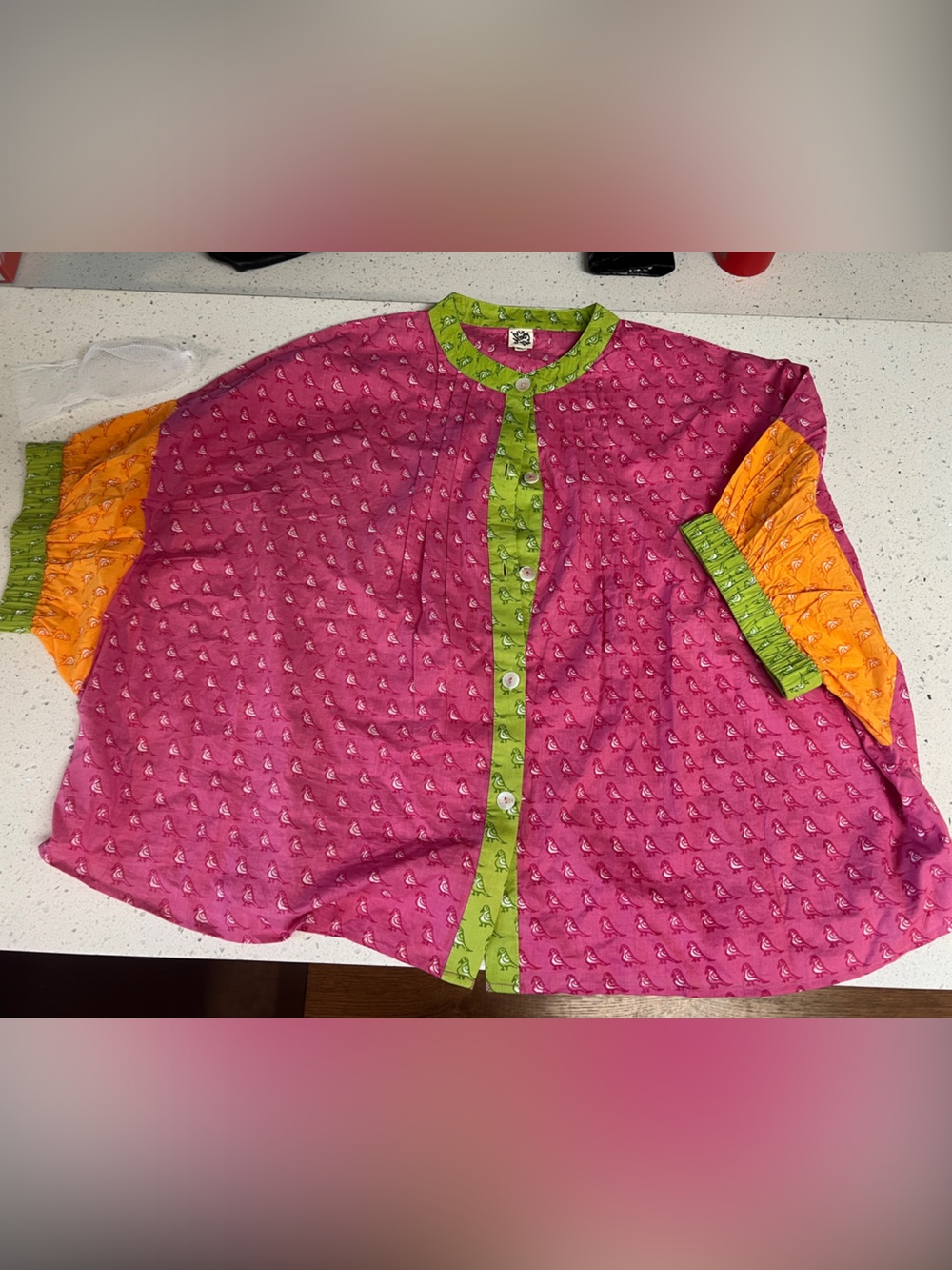 ivy jane Pink Button Front Top with Green Trim and Orange Sleeves with birds